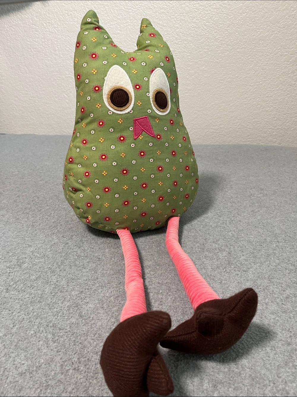 Pottery Barn Sitting Owl Plush Cottagecore 20” Green Pink